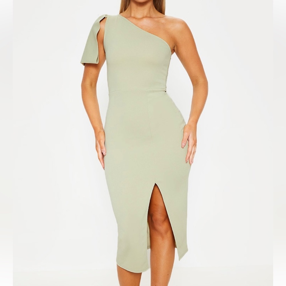 Navy one shoulder bow detail midi dress (DRESS IS NAVY BLUE-STOCK PHOTO USED)